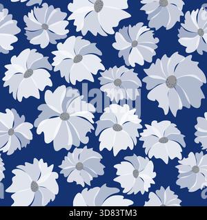 Weiße Blumen auf dunkelblauem Hintergrund. Nahtloses Fantasy-Blumenmuster. Abbildung von Hand. Hintergrunddesign der Frühlingsblume Stock Vektor