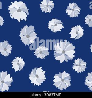 Weiße Blumen auf dunkelblauem Hintergrund. Nahtloses Fantasy-Blumenmuster. Hintergrunddesign der Frühlingsblume. Einrichtung in Schwarz-weiß-Blau Stock Vektor