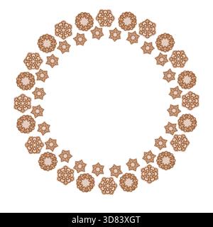 Kreisförmige Anordnung wechselnder Schneeflocken- und Sternformen mit komplizierten Details. Symmetrisches geometrisches Design, ideal für Wintermotive, dekorativ Stock Vektor