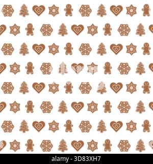 Nahtloses Muster mit Lebkuchenkeksen ist Weihnachtsbaum, Schneeflocke, Herz und Lebkuchenmann. Festlicher Feiertagshintergrund für Geschenkpapier Stock Vektor