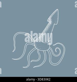 Handgezeichnete Vektorillustration eines Tintenfisches auf blauem Hintergrund. Minimalistische Linienart Meeresbewohner mit schmeichelnder Textur. Perfekt für nautisches Design Stock Vektor