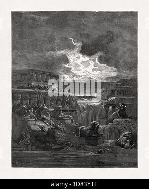 Schwarz-weiß-Gravur von Gustave Doré, der den Aufstieg des Wassers während der Sintflut darstellt und eine Szene aus John Miltons epischem Gedicht Para illustriert Stockfoto