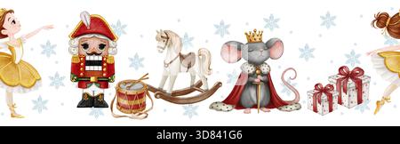 Nahtlose Borte mit Nussknacker, Ballerina, Schaukelpferd, Mauskönig, Trommel, und Geschenke vor dem Hintergrund von Schneeflocken Stockfoto