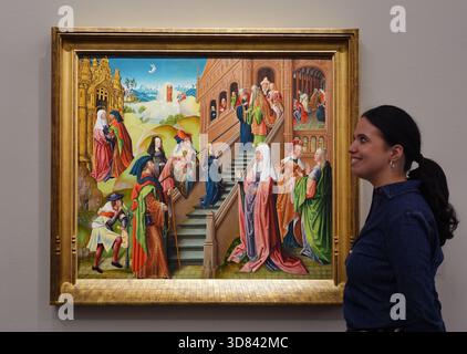 Ein Werk der Northern French School, Anfang des 16. Jahrhunderts, The Presentation of the Virgin, schätzte £ 150.000-250.000, während einer Vorschau auf den Verkauf der Old Masters in Sotheby's im Zentrum von London. Bilddatum: Freitag, 28. November 2025. Stockfoto