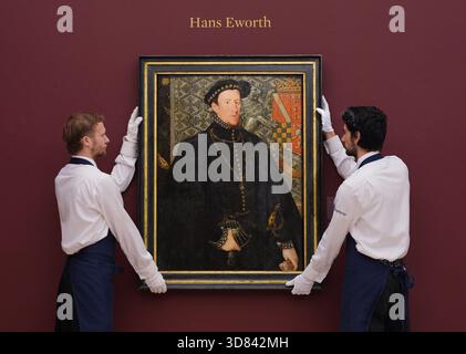 Ein Werk von Hans Eworth, Portrait of Thomas Howard 4. Duke of Norfolk (1538–1578), schätzte £ 2.000.000–3.000.000, während einer Vorschau auf den Verkauf der Old Masters bei Sotheby's in der Londoner Innenstadt. Bilddatum: Freitag, 28. November 2025. Stockfoto