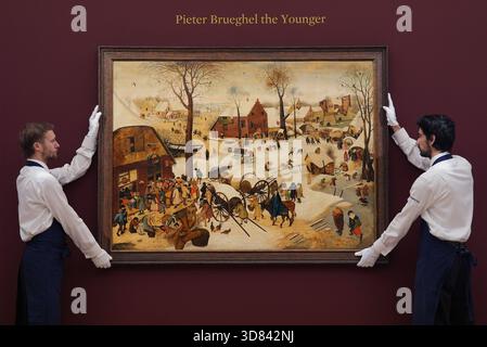 Ein Werk von Pieter Brueghel dem Jüngeren, The Census at Bethlehem, schätzte £ 3.000.000–5.000.000, während einer Vorschau auf den Verkauf der Old Masters bei Sotheby's im Zentrum Londons. Bilddatum: Freitag, 28. November 2025. Stockfoto