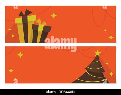 Orangefarbene Banner mit Weihnachtsmotiven mit Illustrationen von Geschenkboxen und Kiefern. Weihnachtsbanner mit Kopierraum für Werbeanzeigen. Stock Vektor