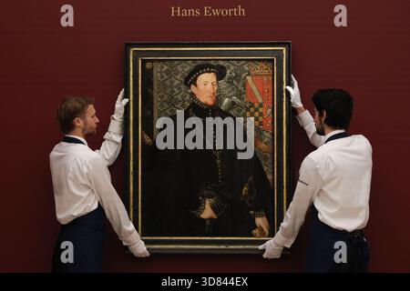 Sotheby’s, London, Vereinigtes Königreich. 28. November 2025. Hans Eworths Portrait of Thomas Howard, 4. Duke of Norfolk (1538–1578), eines der bedeutendsten Tudor-Porträts in Privatbesitz, das auf 2–3 Millionen Pfund geschätzt wird, wird während eines Fotoanrufs bei Sotheby’s präsentiert Stockfoto