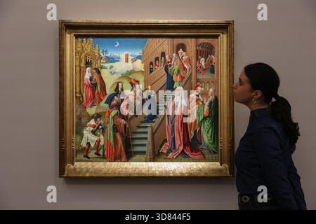 Sotheby’s, London, Vereinigtes Königreich. 28. November 2025. The Presentation of the Virgin, ein Werk aus dem frühen 16. Jahrhundert, das auf £ 150.000–250.000 geschätzt wird, wird während eines Fotoanrufs bei Sotheby’s präsentiert Stockfoto