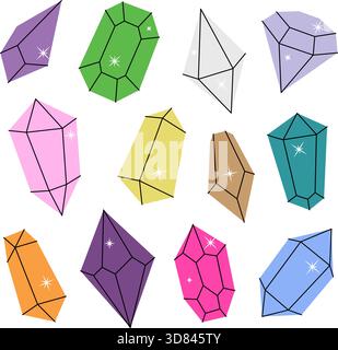 Kristalle. Kristalle verschiedener geometrischer Formen und Größen. Edelsteine, Amethyst, Rubin, Saphir, Smaragd, topas und Quarz. Vektorabbildung Stock Vektor