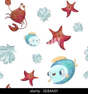 Niedliches, nahtloses Unterwassermuster mit glücklichen Krabben, Fischen, Seesternen und Muscheln. Aquarell Kinder Illustration für Stoff, Kinderzimmer Dekor, Kleidung, stationäre Stockfoto