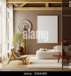 Japandi neutrales Wohnzimmer mit Posterrahmen, gemütlichem Sofa und Holzelementen unter warmem Sonnenlicht, perfekt für Branding oder Poster Stockfoto
