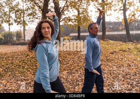 Seniorenpaar führt im Herbst Tai Chi-Bewegungen im Freien in einem Park durch Stockfoto