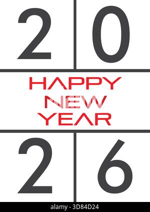 2026 Happy New Year in Grau und Rot auf einem sauberen weißen Hintergrund, modernes festliches Design und Begrüßung für Neujahrsfeiern und Feiertage. Stock Vektor