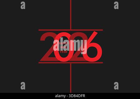 Rote 2026 Happy New Year Typografie auf einem sauberen grauen Hintergrund, modernes festliches Grußdesign für Neujahrsfeier und Feiertagtapete. Stock Vektor