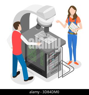 3D Isometrische flache Darstellung der Herstellung elektronischer Geräte, Ingenieure, die mit Schaltungen arbeiten. Punkt 1 Stockfoto