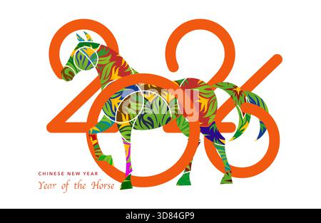 2026 Chinesisches Neujahr, weißer Hintergrund. Das Jahr des Pferdes. Vektor Moderne Kunst Bunte Blumendekoration Zahlen Design für Abdeckung, Karte, Poster Stock Vektor