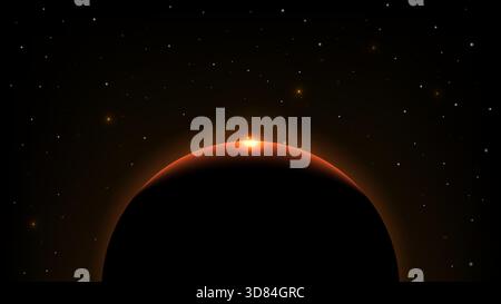 Ein leuchtend oranger Sonnenaufgang, der über einem dunklen planetaren Horizont auftaucht, mit verstreuten Sternen im kosmischen Hintergrund Stock Vektor