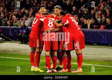 Spieler von SL Benfica sahen, wie sie nach dem Tor von Leandro Barreiro während des Champions-League-Phasenspiels zwischen AFC Ajax und SL Benfica feierten ( Stockfoto