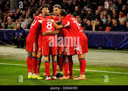 Spieler von SL Benfica sahen, wie sie nach dem Tor von Leandro Barreiro während des Champions-League-Phasenspiels zwischen AFC Ajax und SL Benfica feierten ( Stockfoto
