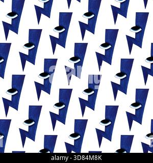 Verspieltes nahtloses Aquarellmuster mit stilisierten blauen Blitzen und charmanten, ausdrucksstarken Augen, verspielt über ein klares weiß verstreut Stockfoto