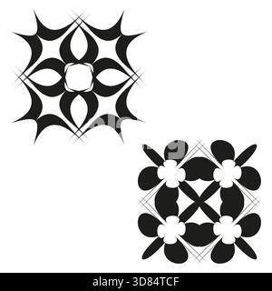 Vier abstrakte Muster. Schwarz-weiß Vektorformen. Geometrische Sternsymbole. Moderne STYLE-Elemente. EPS 10. Stock Vektor