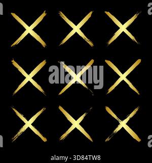 Goldene Grunge-Kreuze, Pinselstriche, Linien, Tintenflecken, handgezeichnete Kritzelformen. Handgemachte, skizzenhafte Markierungen, Acrylflecken, Holzkohlestreifen. Farbe Stock Vektor