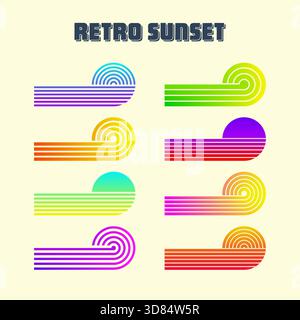 Farbenfroher Sonnenuntergang im Vintage-Stil. Verschiedene gestreifte Sonnenaufgangsabzeichen im Stil der 80er und 90er Jahre. Blick auf Sonne und Meer, Sommerstimmung, Surfen. Designelement für Stock Vektor