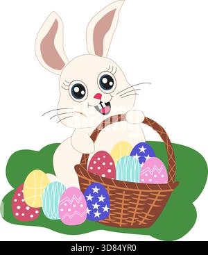 Osterhase mit Korb voller bunter Eier Stock Vektor