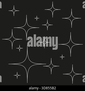 Glitzernde Sternenkonturen. Glitzerscheinungen. Einfaches weißes Vektorset. Dunkler Hintergrund. EPS 10. Stock Vektor