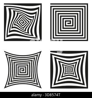 Quadratische Spiralformen. Konzentrische OP-Art. Illusionsmuster Vektorsatz. Dynamische Schwarzweißgrafik. EPS 10. Stock Vektor