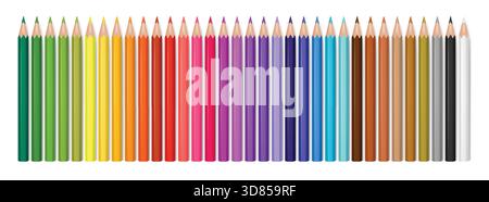 3D-Farbstift isolierter Vektor. Realistische hölzerne Schulstifte zum Zeichnen, kreatives Bildungsbanner. Buntes Buntstift-Set im Regenbogenspektrum für Team- und Studentenvorlagen. Stock Vektor