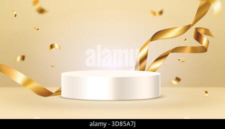 Weißes Podium und goldene Bänder mit Konfetti für Geschenk- oder Verkaufshintergrund und luxuriöse Preisverleihung. 3D runde Bühne oder Sockel für Produktpräsentation oder Partydekoration. Vektorvorlage. Stock Vektor