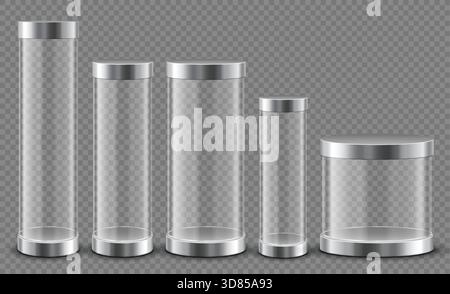 Podium mit Glaszylinder, transparenter Röhre, 3D-Kapselvitrine, realistischer, klarer Ausstellungsstand. Luxuriöse Plattform für Vektor-isolierte Vorlagen im Einzelhandel oder für Ausstellungen. Stock Vektor