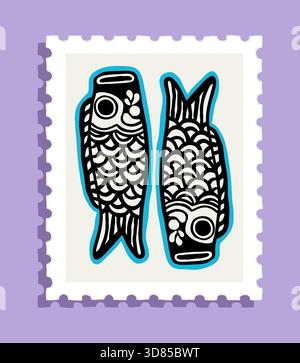 Schwarze japanische Art Koinobori Fisch Illustration auf einer Briefmarke mit violettem Hintergrund Stock Vektor