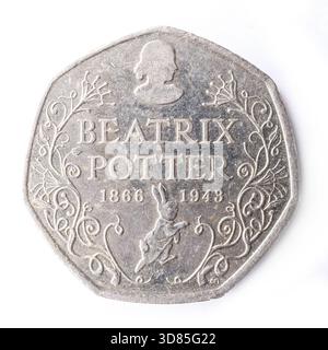 50 Pence Münze isoliert auf weißem Atelierhintergrund. Stockfoto