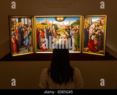 London, Großbritannien. November 2025. Ein Triptychon mit den fünf Wundern Christi, des Meisters der Sherborne Almshouse Triptychon, schätzt £2.500.000 - 3.500.000 GBP Highlights aus seinem zweitwertvollen Old Masters Sale in 13 Seasons in Sothebys, London. Darunter auch Gemälde aus dem 19. Jahrhundert. Der Verkauf findet am 3. Dezember statt. Credit: Mark Thomas/Alamy Live News Stockfoto