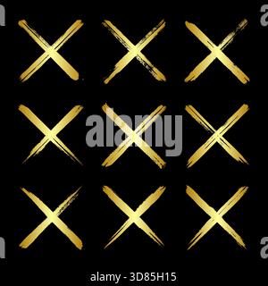 Goldene Grunge-Kreuze, Pinselstriche, Linien, Tintenflecken, handgezeichnete Kritzelformen. Handgemachte, skizzenhafte Markierungen, Acrylflecken, Holzkohlestreifen. Farbe Stock Vektor