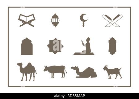 Islamische Ikonen: Koran, Laterne, Sichel, Bogenfenster, betende Person, Kamele und Qurbani-Ziege/Stier. Hochwertiger Vektor für Ramadan- und Eid-Designs. Stock Vektor