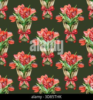 Nahtloses Aquarellmuster mit leuchtend roten Tulpensträußen, umwickelt mit einem Band. Elegantes Blumendesign, perfekt für Frühlingstextilien, Geschenkverpackung Stockfoto