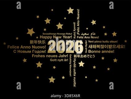 Happy New Year 2026 in verschiedenen Sprachen Wort Cloud Grußkarte Konzept auf dunklem Hintergrund, Vektorillustration Stock Vektor
