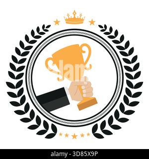 Illustration des Siegerbechers mit Lorbeerkranz in Championshand auf weißem Hintergrund. Stock Vektor