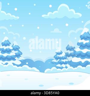 Niedliche Cartoon-Winterlandschaft mit Kiefern und fallendem Schnee. Vektorillustration der Natur in blauen Farben. Stock Vektor