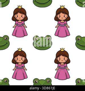 Bezauberndes Vektormuster mit Prinzessin und Frosch, perfekt für skurrile Hintergründe und Kindermotive. Stock Vektor