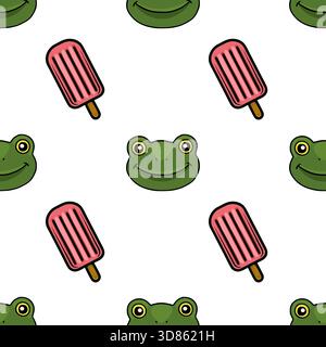 Nahtloses Vektormuster mit verspielten grünen Fröschen und rosafarbenen Eispops auf weißem Hintergrund, das eine lustige, sommerliche und skurrile Stimmung hervorruft. Stock Vektor