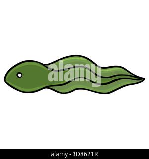 Eine stilisierte grüne Kaulquappe mit einem einzelnen Auge und einem fließenden Schwanz, die als klare Vektorgrafik mit kräftigen schwarzen Umrissen und dezenten Farbverläufen dargestellt wird, Stock Vektor