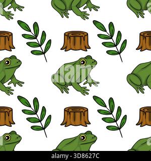 Nahtloses Vektormuster mit bezaubernden grünen Fröschen und rustikalen Baumstümpfen inmitten zarter Zweige. Stock Vektor