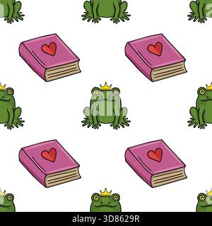 Nahtloses Vektormuster mit bezaubernden grünen Fröschen mit goldenen Kronen und rosa Büchern mit roten Herzen. Stock Vektor