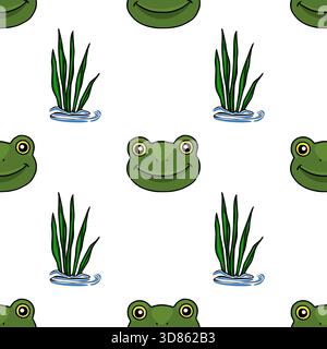 Nahtloses Vektormuster mit niedlichen Cartoon Froschgesichtern und stilisierten Schilfen in einer Teichumgebung. Stock Vektor