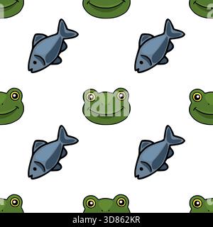Nahtloses Vektormuster von fröhlichen Zeichentrickfröschen und Fischen auf weißem Hintergrund, ideal für Kinder Themen und verspielte Designs. Stock Vektor